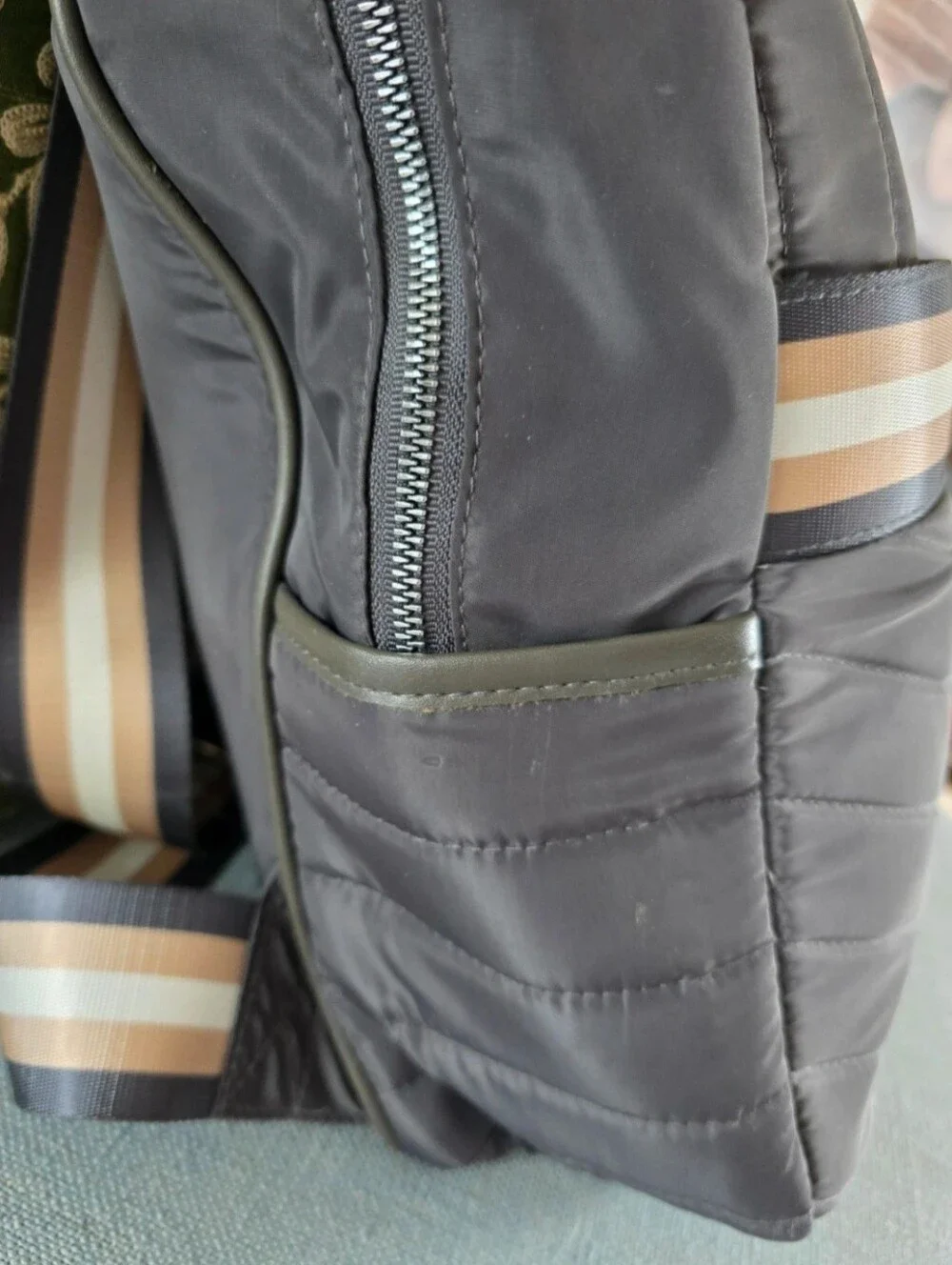 Quilted, Sleek, boxy, Gray Nylon Backpack with Pink-Tan Stripe.